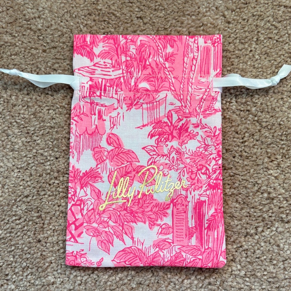 Lilly Pulitzer Hot Pink Toile Drawstring Pouch with Gold Script